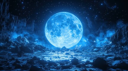 Fototapeta premium A luminous blue moon illuminates a rocky lunar landscape, creating a mystical atmosphere at night