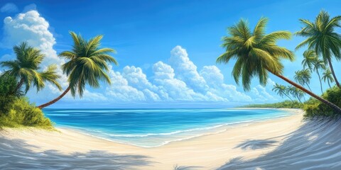 Fototapeta premium Tropical island panorama with lush green coconut palms on a sandy beach under a bright blue sky and fluffy white clouds ample space for text