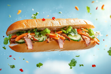 Vietnamese Banh Mi with Pork and Fresh Vegetables.