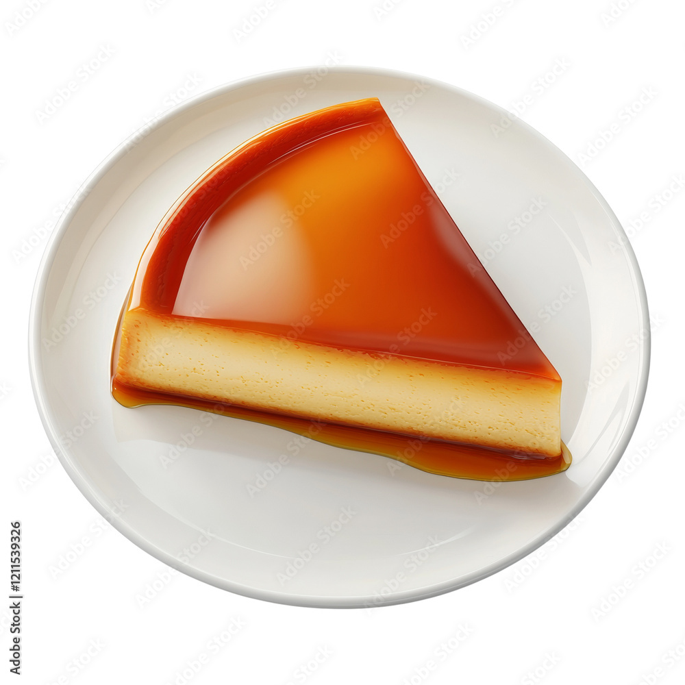 Poster a single slice of caramel custard rests on a white plate showcasing its rich caramel topping and cre
