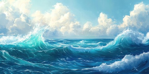 Vibrant ocean waves cascading in shades of teal and blue against a bright sky filled with fluffy white clouds in the background.