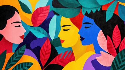 Naklejka premium Vibrant Abstract Painting of Women in a Garden