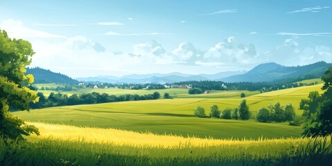 Fototapeta premium Vibrant green countryside field with golden wheat under a clear blue sky and distant rolling hills showcasing a serene rural landscape