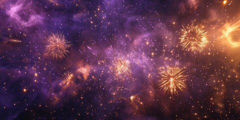 Fototapeta premium Colorful fireworks in shades of purple and gold burst in the night sky creating a dazzling display of light and energy amidst cosmic stars