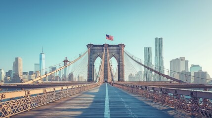 Fototapeta premium Brooklyn Bridge walkway with cityscape background under a clear sky