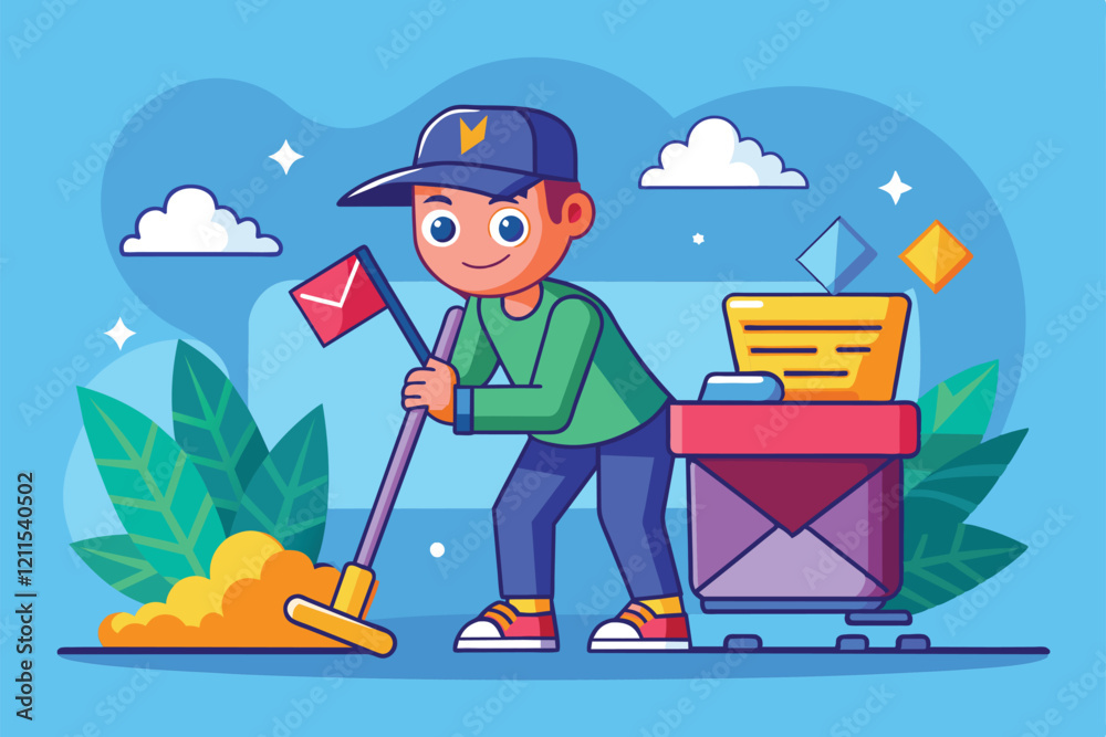 Poster a young character cleans out an inbox, organizing messages and clutter in a colorful and cheerful en