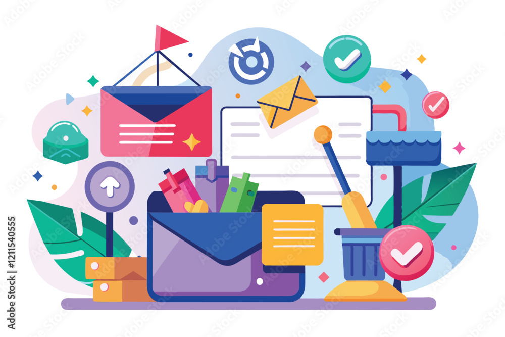 Poster colorful inbox cleanup tools and elements are arranged in a vibrant, imaginative workspace inbox cle