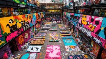 Vibrant Graffiti Art in Urban Courtyard with Colorful Canvases