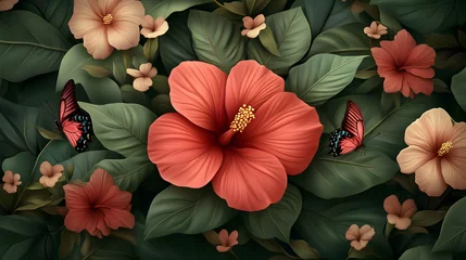 Rideaux Imprimé botanique patrons Lush tropical garden with hibiscus flowers and butterflies  vibrant floral background for design  © Lailatul