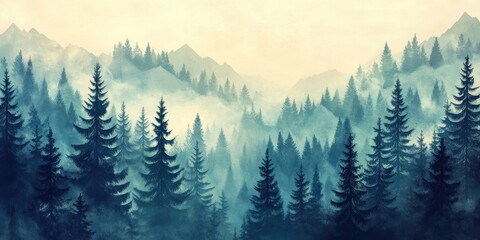 Fototapeta premium Misty mountain landscape with dark green spruce forest in foreground and soft blue background. Vintage style with ample copy space.
