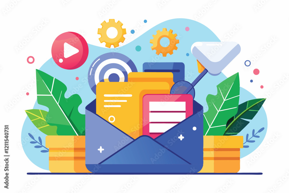 Poster a vibrant illustration showcasing an inbox cleanup theme with tools for digital organization inbox c