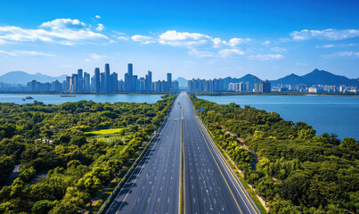 The highway leading to the city, with high-rise buildings in the distance