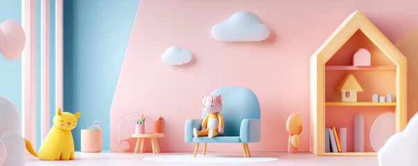 vibrant Scandinavian inspired kids interior featuring pastel decor, cozy chair, playful animal figures, and whimsical house shelf. This cheerful space invites creativity and imagination