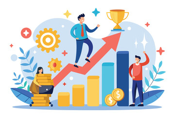 Three professionals celebrate their success with charts, coins, and a trophy showing profit growth and teamwork Increasing profits and achieving success,