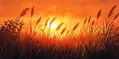 Naklejka premium Sunset landscape with an orange sky illuminating tall dark grass casting shadows in foreground soft clouds contrasting vibrant colors