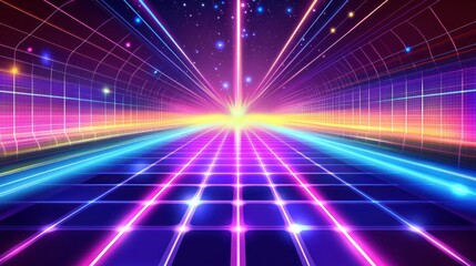 Retro neon highway, vibrant lights, cosmic background, 80s style, digital art