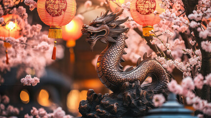 Obraz premium Dynamic Chinese New Year poster with fierce dragon, lanterns, and firecrackers