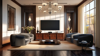 Modern contemporary living room with tv and frame mock up. Design 3d rendering of gray and wood panels. Design print for illustration,