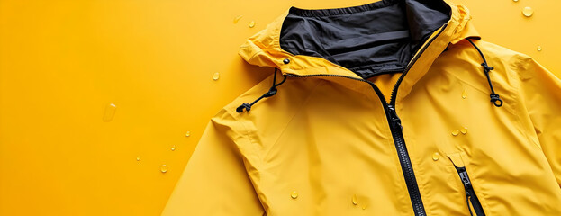 Fototapeta premium Yellow raincoat, water droplets, yellow background, apparel ad