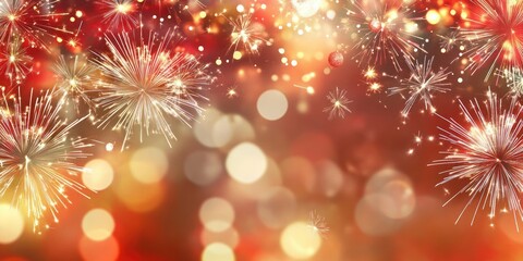 Obraz premium Fireworks display in red and gold tones with sparkling bokeh lights in the background creating a festive and colorful holiday atmosphere