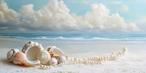 Serene coastal scene featuring a collection of seashells and pearls on sandy beach with gentle waves and soft clouds in a pastel color palette