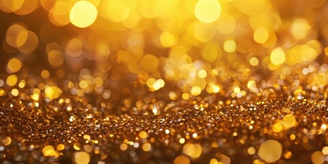 Glittering gold bokeh background with warm yellow hues creating a festive atmosphere ideal for holiday celebrations and New Year events.