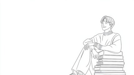 Relaxing student reading on stacked books library illustration calm environment side view knowledge