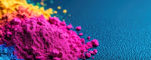 Rainbow holi idea. Vibrant colored powders spread on a textured surface, perfect for creative visuals.