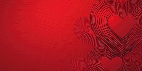 Red textured background with layered heart patterns on the left side, ample space for text on the right, ideal for romantic designs and messages.