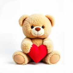 Obraz premium Adorable Teddy Bear Holding a Red Heart, Cute and Loving Mood, Valentine's Day Concept, Against White Background