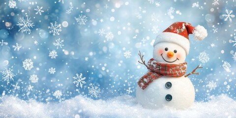 Cheerful snowman in a red hat and scarf with a smiling face surrounded by white snowflakes on a soft blue winter background with glittering snow.