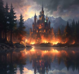 Obraz premium Illustration of glowing mystery tower castle in night.