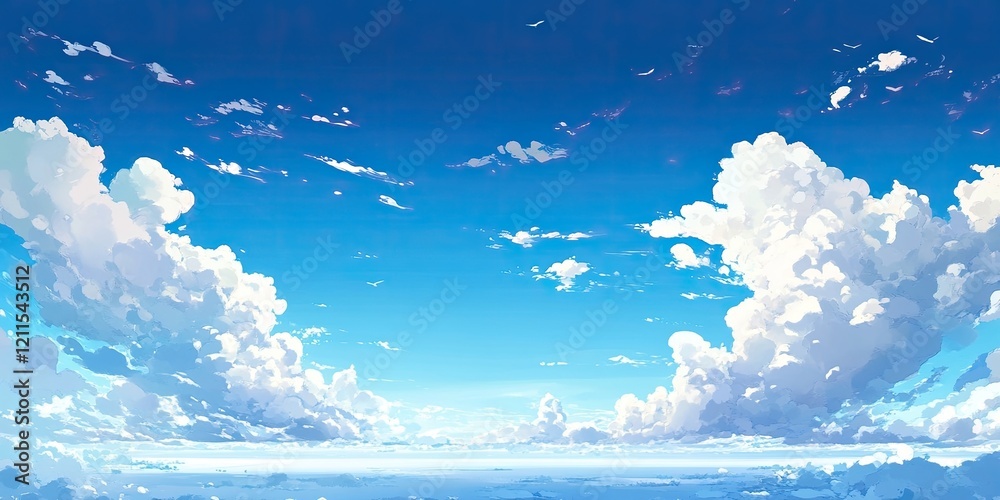 Wall mural vibrant blue sky with fluffy white clouds spread across the horizon, creating a serene and open atmo