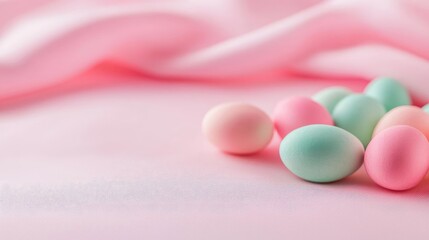 Pastel easter concept. Colorful pastel eggs arranged on soft pink fabric create a festive and elegant vibe.