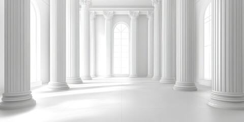 Minimalist white interior design featuring tall white columns and a large window, creating a serene, airy atmosphere with soft lighting.