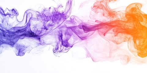 Vibrant abstract smoke in hues of violet purple and orange flowing against a white backdrop creates a stunning and artistic background design