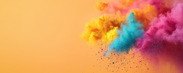 Fototapeta premium Rainbow holi idea. Vibrant explosion of colorful powder creating an artistic splash against a bright background.