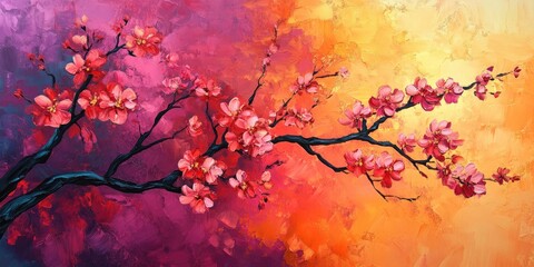 Blooming cherry blossom branches with pink flowers against an abstract vibrant orange and purple background showcasing vivid colors and textures
