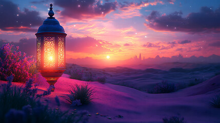 Islamic Ramadan Lantern on Purple Desert in Cartoon Style with Smooth Shiny Lighting
