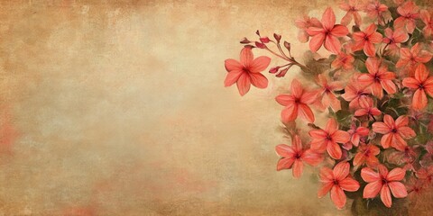 Textured vintage paper background with soft beige tones featuring vibrant orange pentas flowers arranged on the right side<(), creating a nostalgic feel