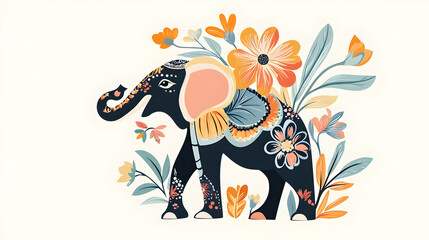 Fototapeta premium Ornate elephant amidst vibrant floral bouquet, decorative illustration, for textile, home decor