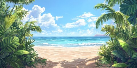 Fototapeta premium Tropical beach scene with soft beige sand foreground lush green leaves framing bright turquoise sea under a clear sunny blue sky