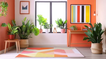Vibrant Home Interior with Potted Plants and Abstract Art