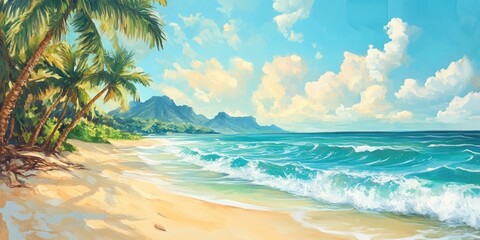 Tropical beach landscape with turquoise waves and golden sand under a bright blue sky dotted with fluffy clouds and lush green palm trees on the shore.