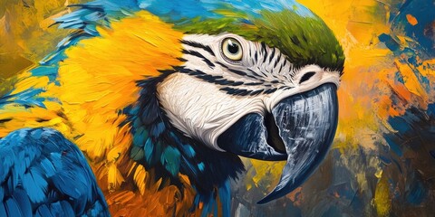 Closeup of a vibrant blue and yellow macaw with bright feathers against a warm orange and yellow background showcasing detailed textures and colors