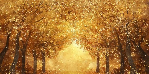 Golden autumn forest pathway with a bright light source, surrounded by vibrant golden leaves and soft glittering particles, creating a magical ambiance.