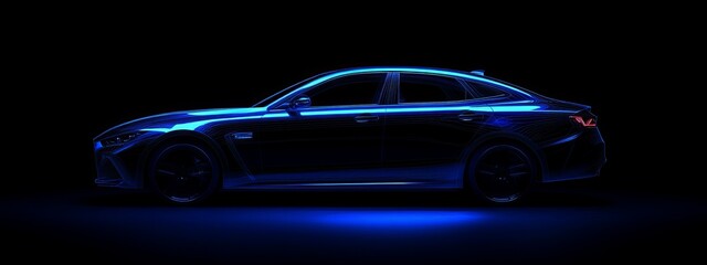 Sleek blue sedan illuminated in dark studio.