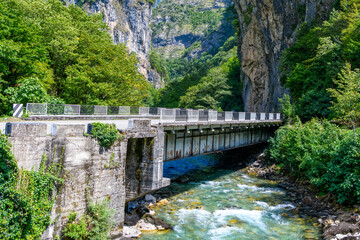 Fototapeta premium Automobile bridge across the mountain river Bzyb in Abkhazia in the valley of the Caucasus Mountains and Rocks of the National Nature Park.