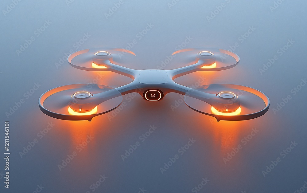Poster futuristic white drone with illuminated propellers.