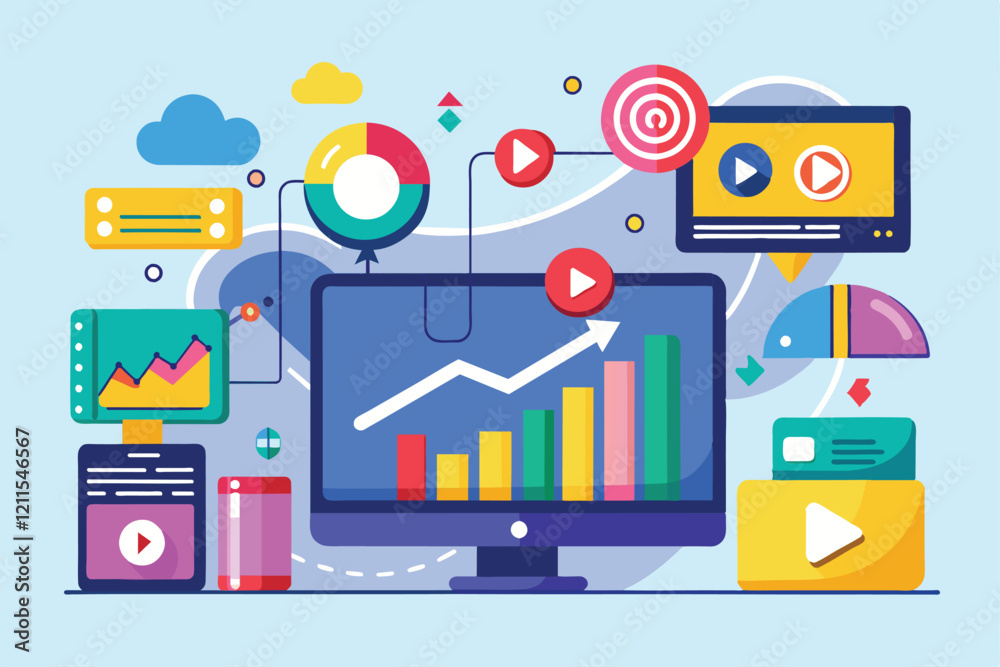 Poster colorful graphics show video data trends and analytics in a digital workspace setting input video da